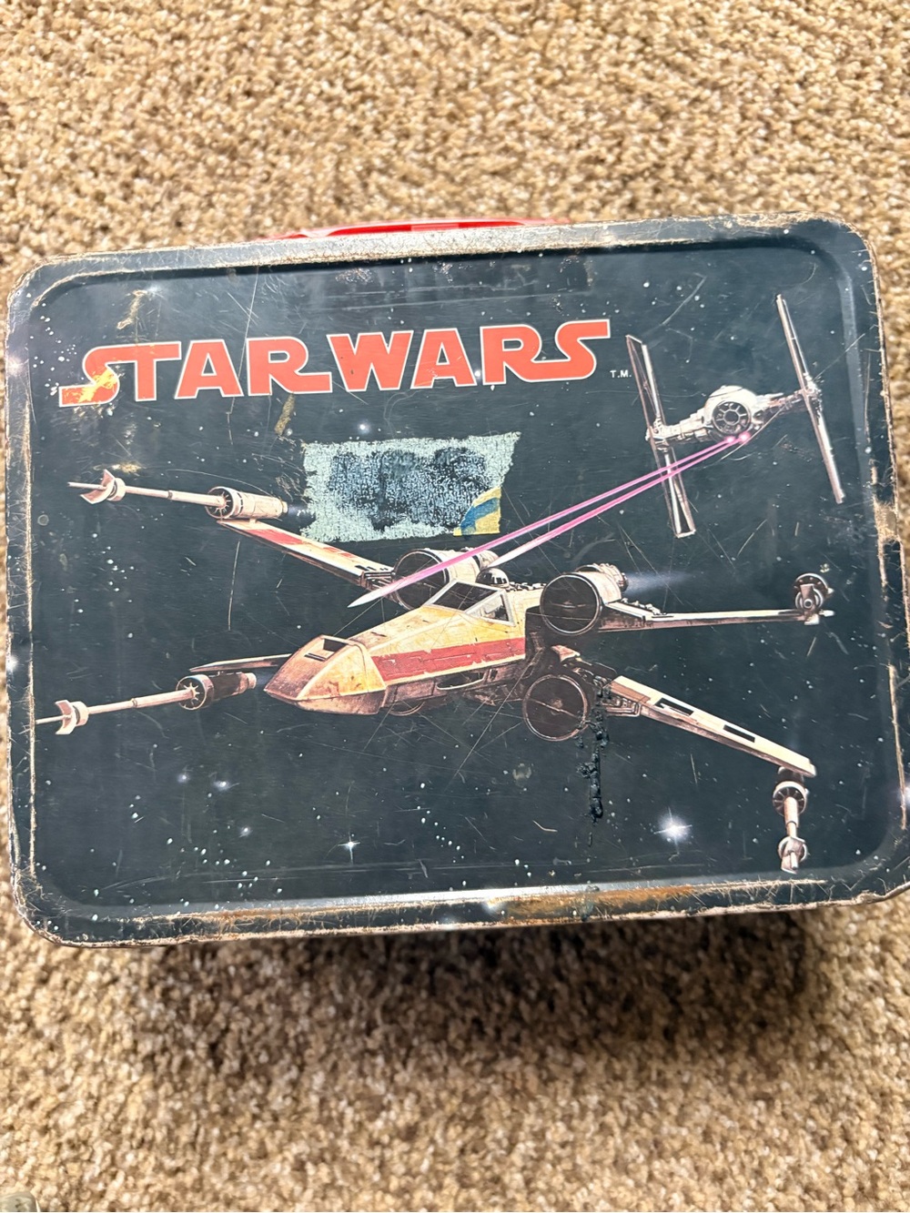 Star Wars vintage Tin Lunchbox with Black, Red and Yellow X-Wing Graphics